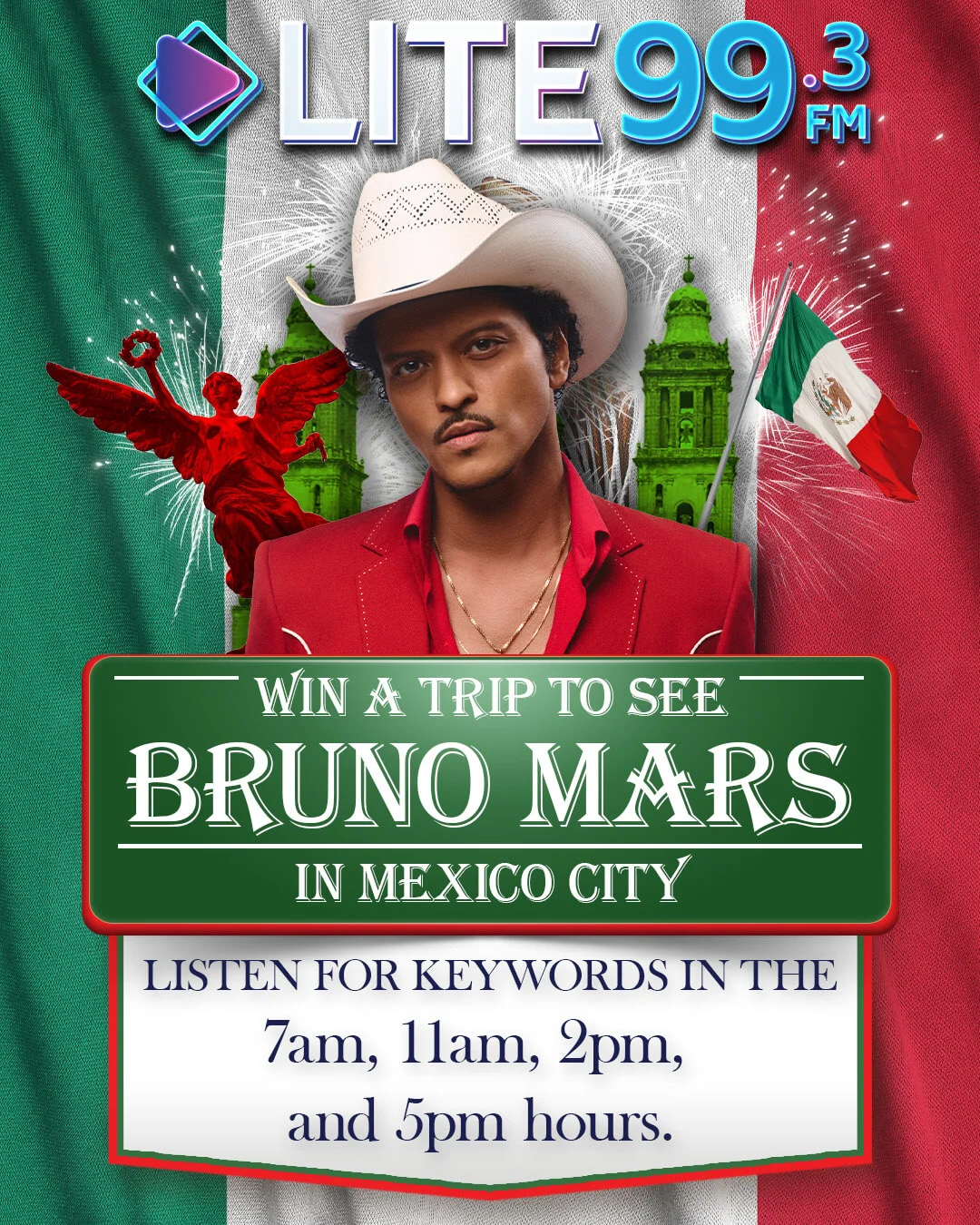 Win a trip to see Bruno Mars in Mexico City. Contest starts Monday, September 28th. LITE 99.3 FM.